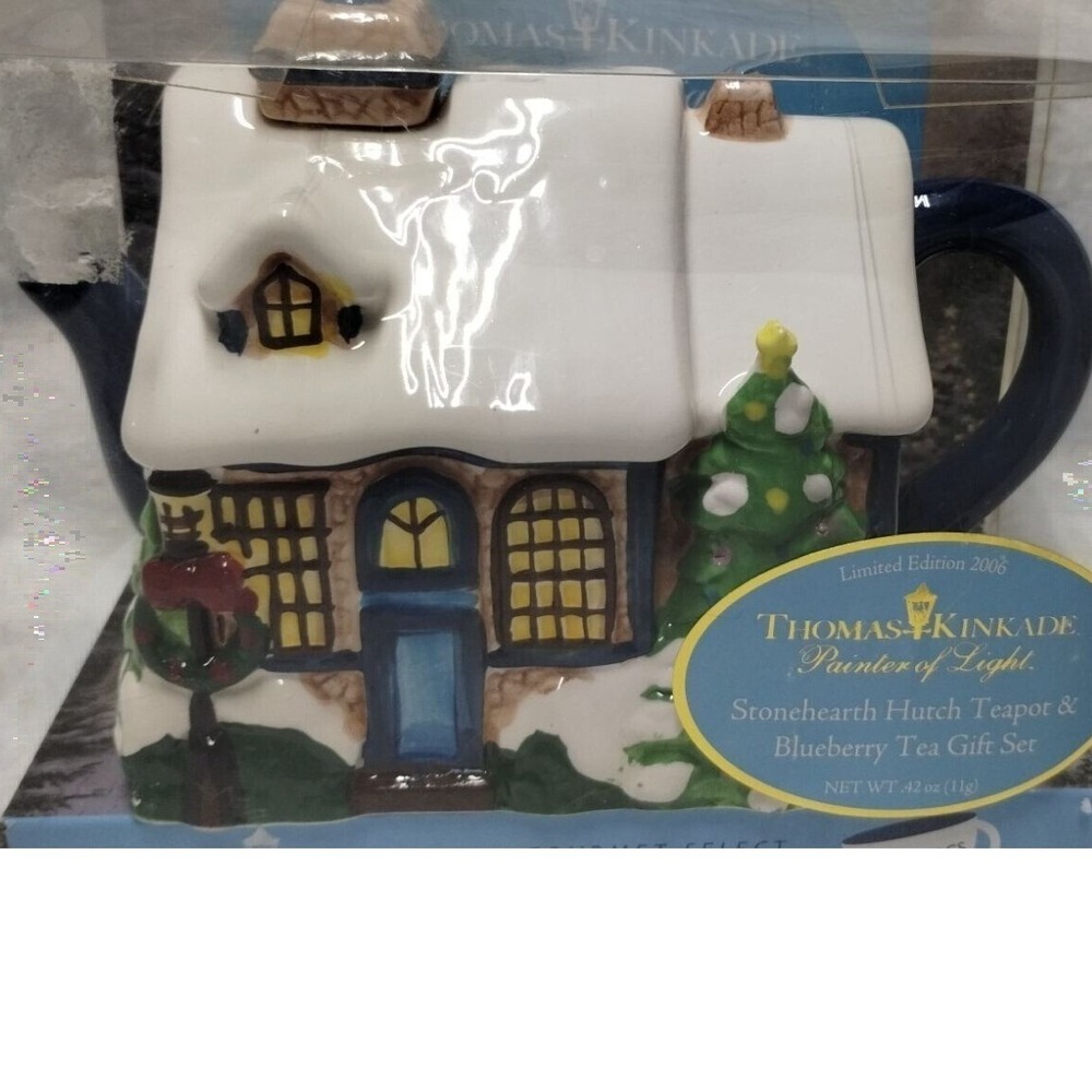 Thomas Kinkade Stone hearth Hutch Teapot Blueberry Tea Gift Set 2006